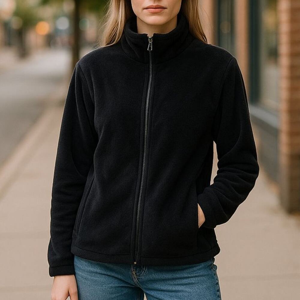 Lands' End Black Faux Fur Fleece Zip Up Jacket Size XL